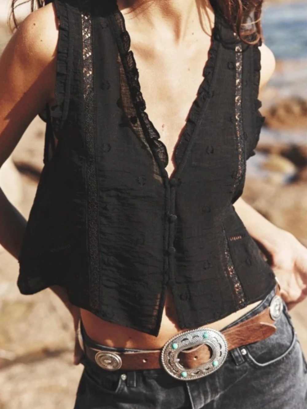 Zara Black Ruffled Swiss Dot Sleeveless V-neck Top